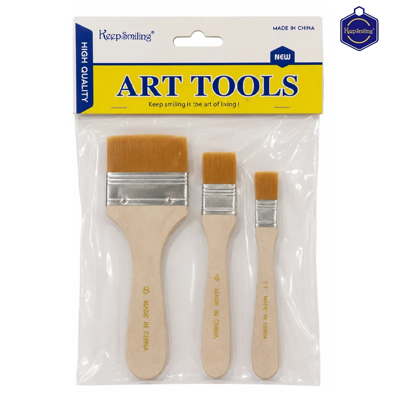 Keep Smiling Nylon Hair Wide & Thin Brushes Comfortable Wooden Handles For Paint Base Gesso Pack or 3 Brushes (Q59-8)